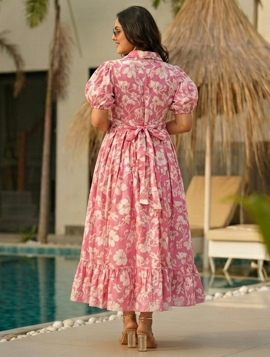 Pink Floral Pure Cotton Tiered Gown