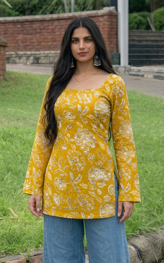 Gulabi Taana Women’s Mustard Yellow Floral Print Cotton Short Kurti – Square Neck, Full Sleeve Ethnic Tunic