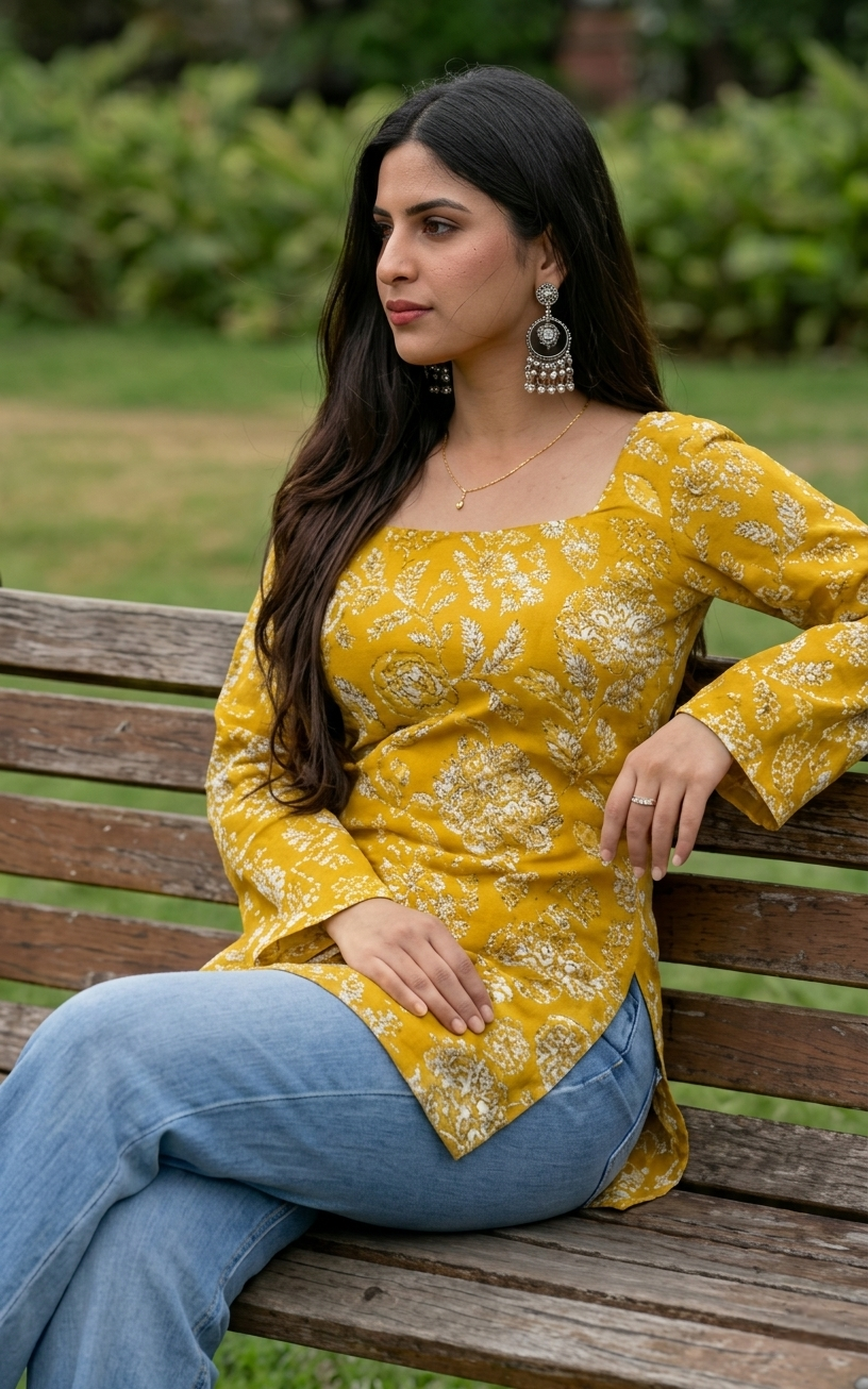Gulabi Taana Women’s Mustard Yellow Floral Print Cotton Short Kurti – Square Neck, Full Sleeve Ethnic Tunic