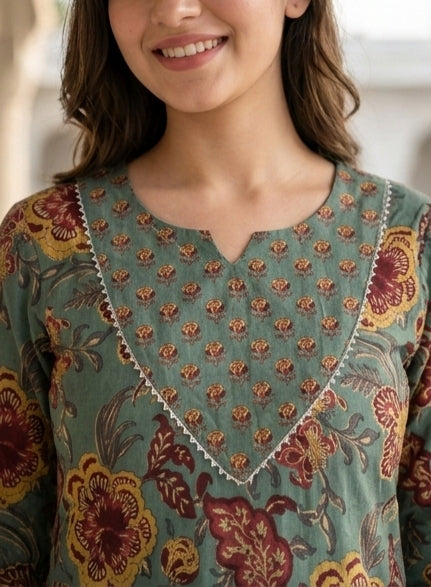 Floral Print Cotton Straight Kurta with Matching Trousers – Dusty Rose