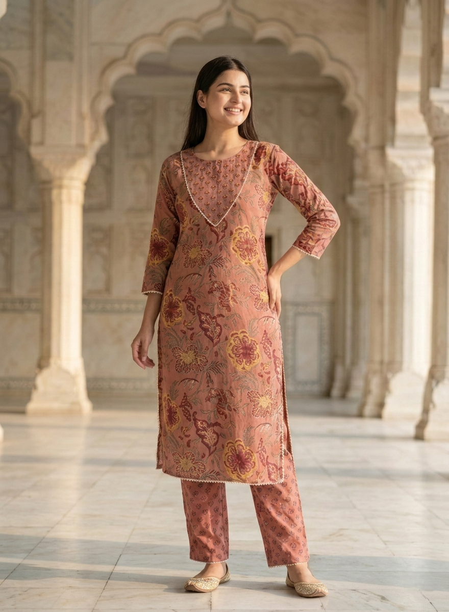 Floral Print Cotton Straight Kurta with Matching Trousers – Dusty Rose