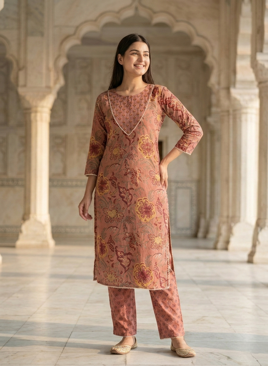 Floral Print Cotton Straight Kurta with Matching Trousers – Dusty Rose