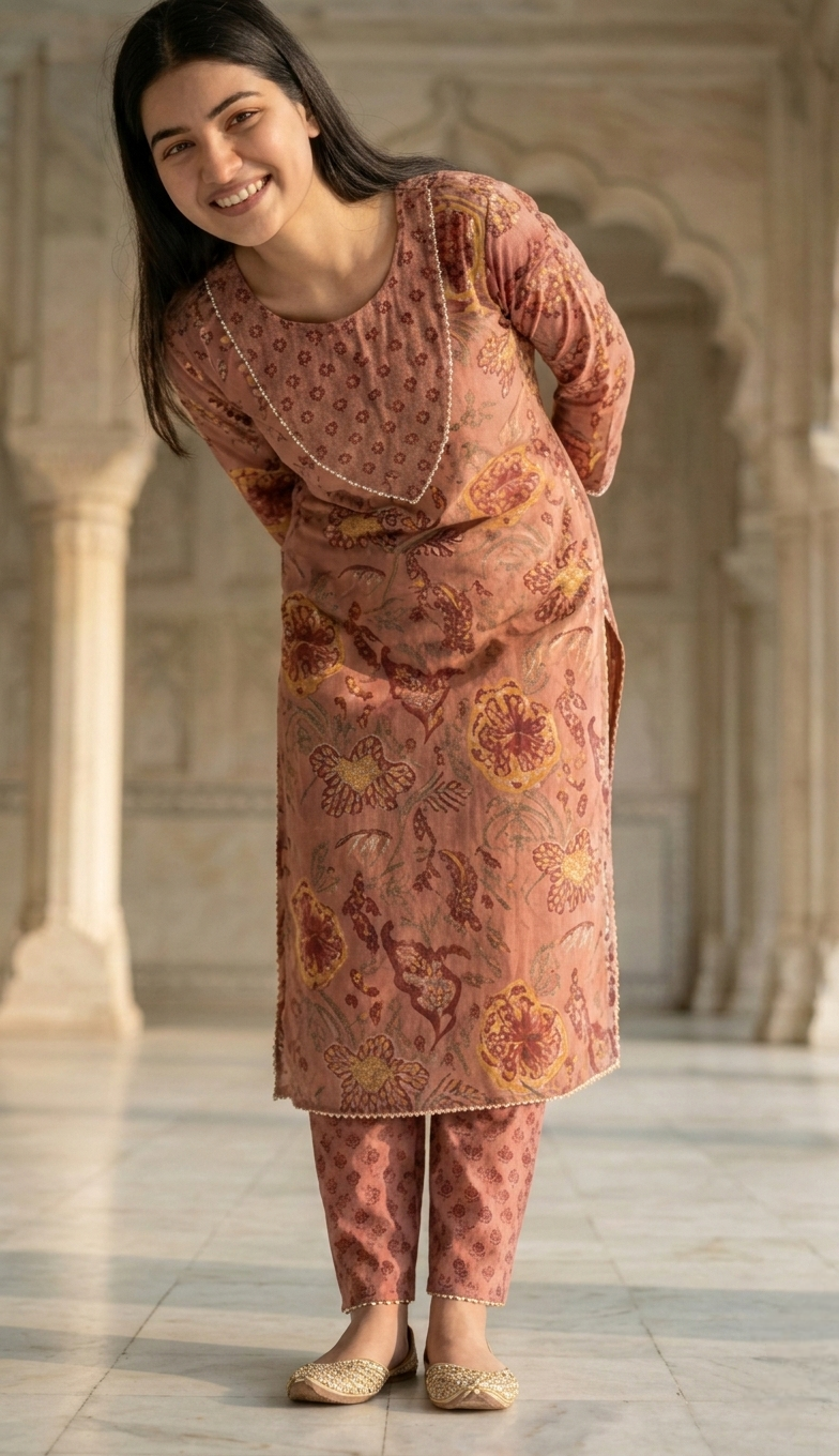 Floral Print Cotton Straight Kurta with Matching Trousers – Dusty Rose