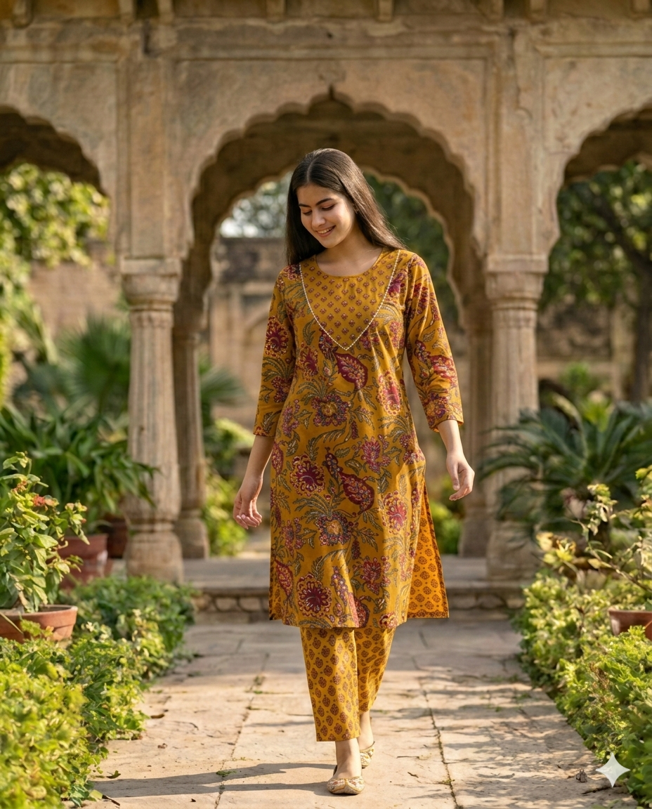 Floral Print Cotton Straight Kurta with Matching Trousers – Dusty Rose