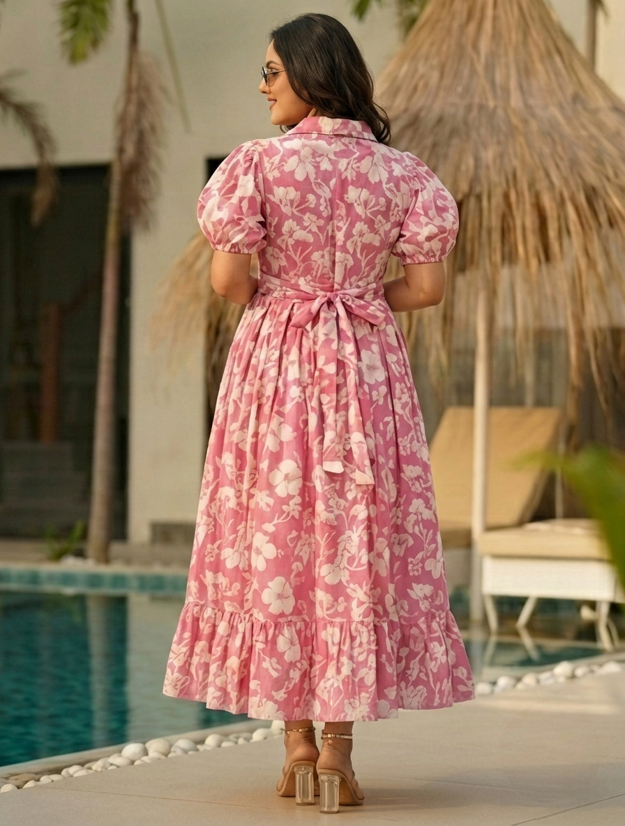 Pink Floral Pure Cotton Tiered Gown