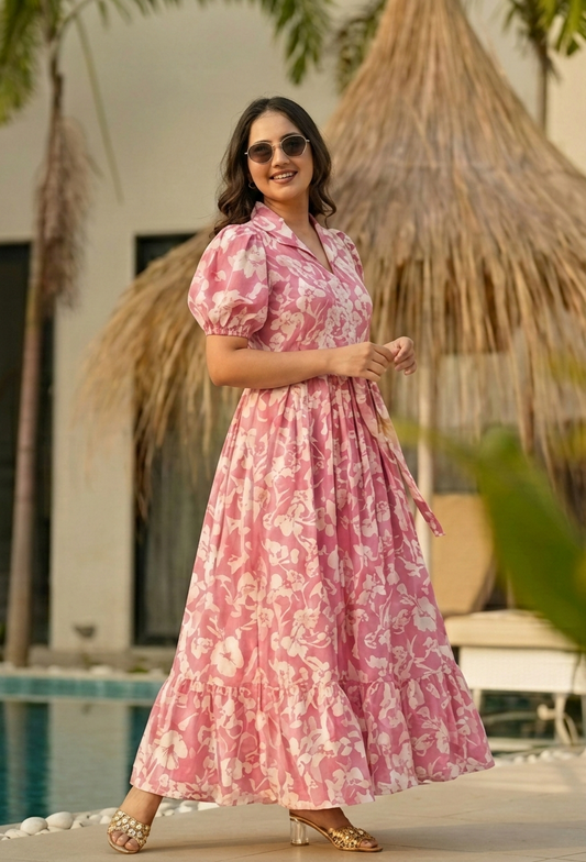 Pink Floral Pure Cotton Tiered Gown