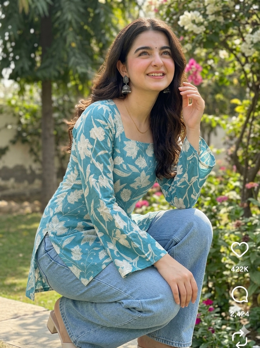 Gulabi Taana Women’s Teal Blue Leaf Print Cotton Short Kurti – Square Neck, Full Sleeve Ethnic Tunic
