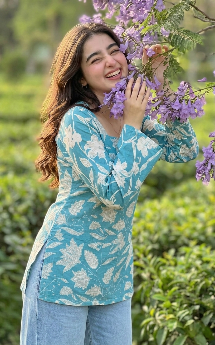 Gulabi Taana Women’s Teal Blue Leaf Print Cotton Short Kurti – Square Neck, Full Sleeve Ethnic Tunic