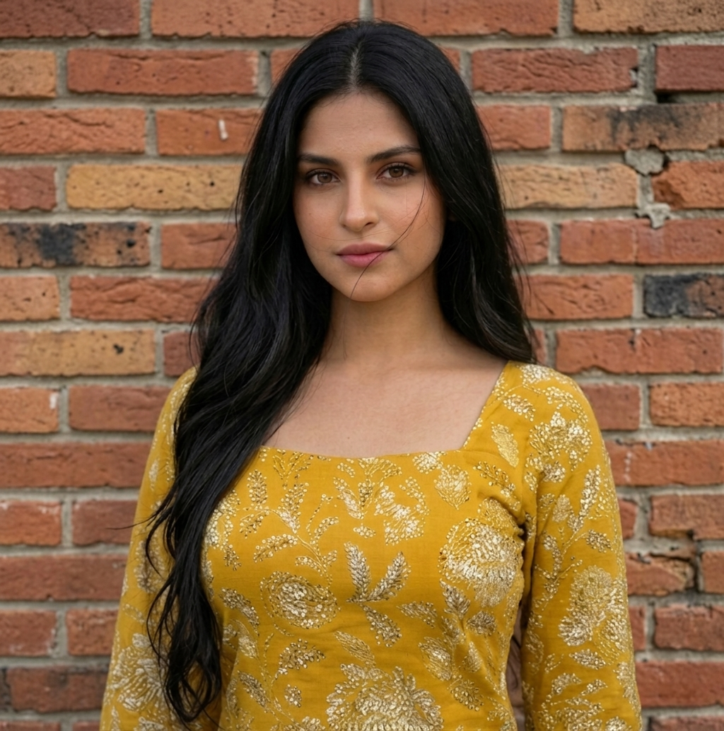 Gulabi Taana Women’s Mustard Yellow Floral Print Cotton Short Kurti – Square Neck, Full Sleeve Ethnic Tunic