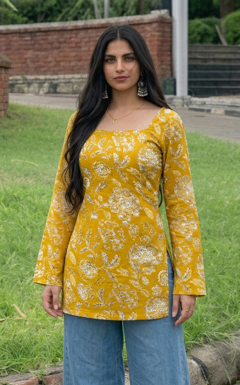 Gulabi Taana Women’s Mustard Yellow Floral Print Cotton Short Kurti – Square Neck, Full Sleeve Ethnic Tunic