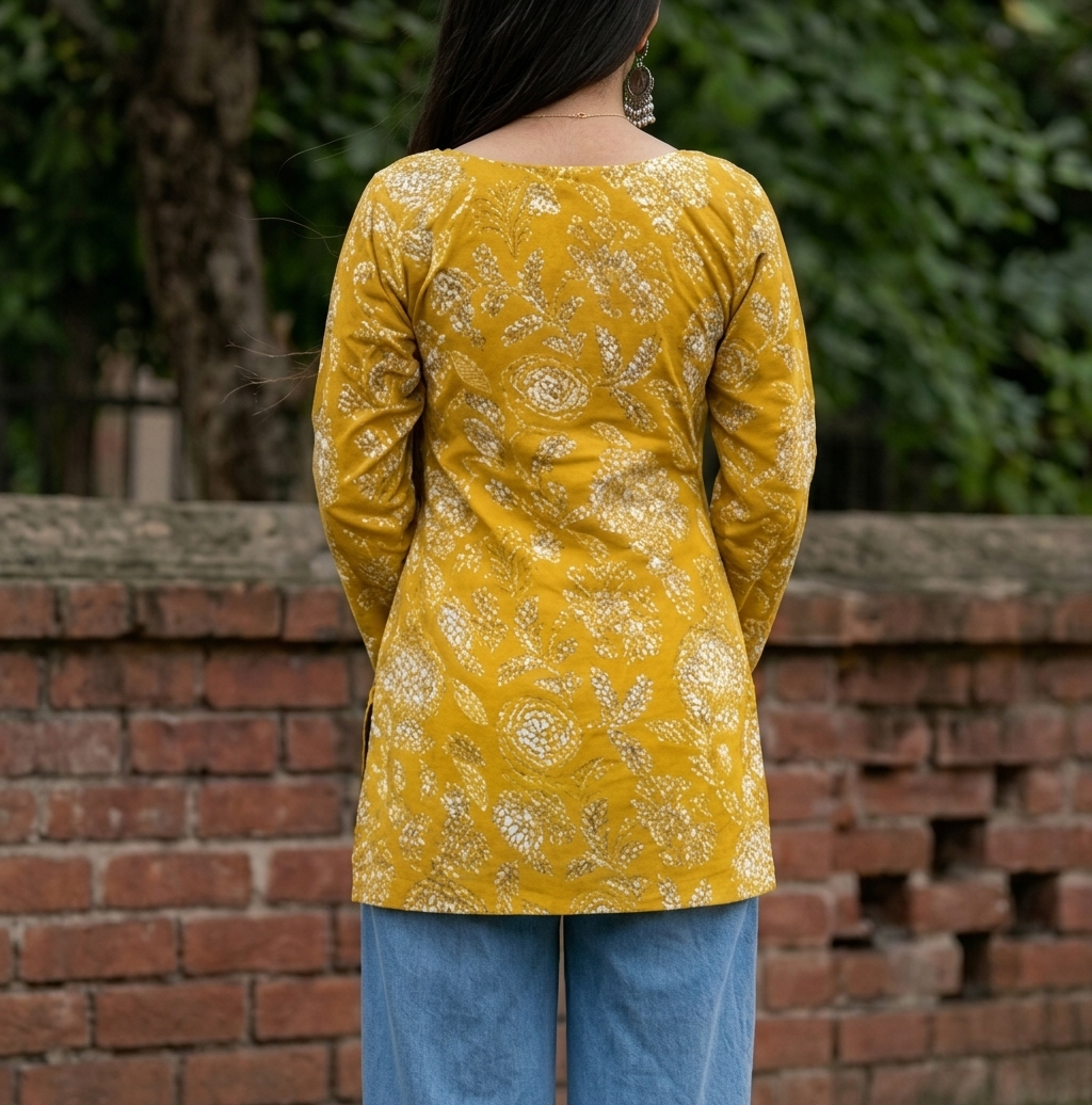 Gulabi Taana Women’s Mustard Yellow Floral Print Cotton Short Kurti – Square Neck, Full Sleeve Ethnic Tunic