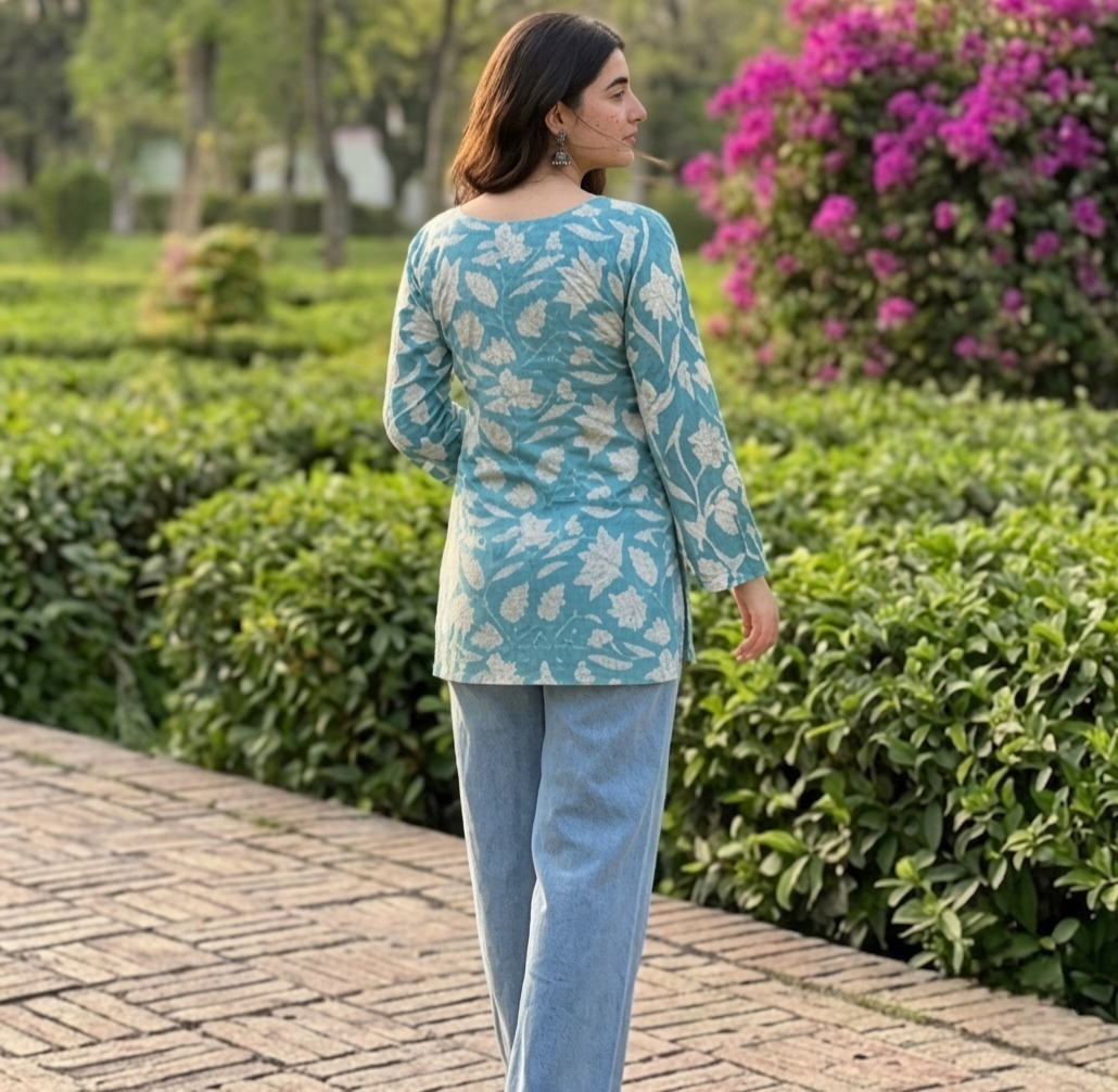 Gulabi Taana Women’s Teal Blue Leaf Print Cotton Short Kurti – Square Neck, Full Sleeve Ethnic Tunic