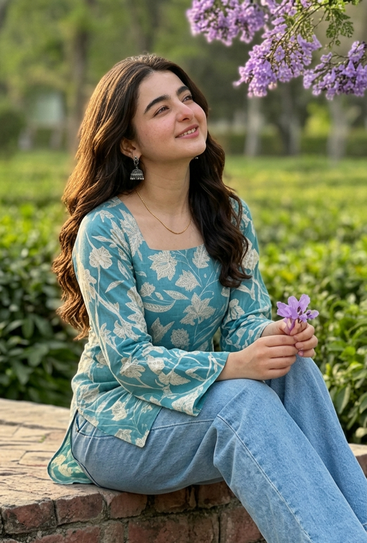 Gulabi Taana Women’s Teal Blue Leaf Print Cotton Short Kurti – Square Neck, Full Sleeve Ethnic Tunic