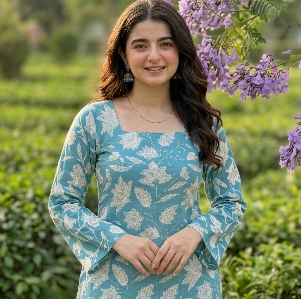Gulabi Taana Women’s Teal Blue Leaf Print Cotton Short Kurti – Square Neck, Full Sleeve Ethnic Tunic