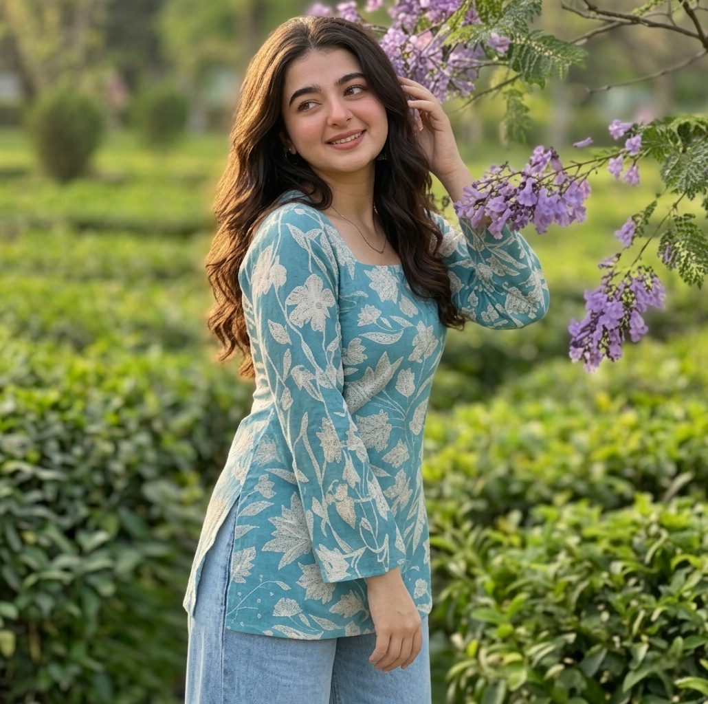 Gulabi Taana Women’s Teal Blue Leaf Print Cotton Short Kurti – Square Neck, Full Sleeve Ethnic Tunic