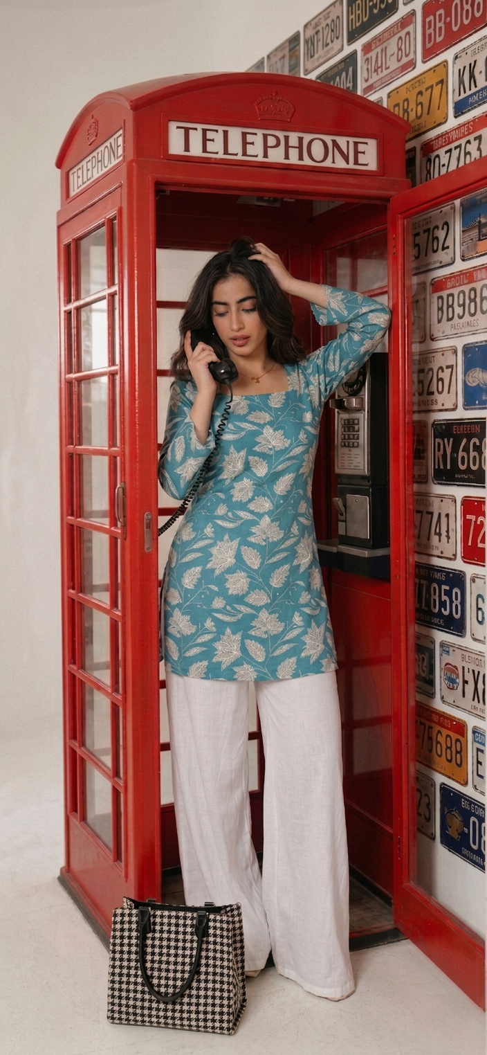 Women’s Pure Cotton Floral print Short Kurti with Wide-Leg Pants Set | Breathable 60/60 Cotton Ethnic Co-ord Set - Teal & White