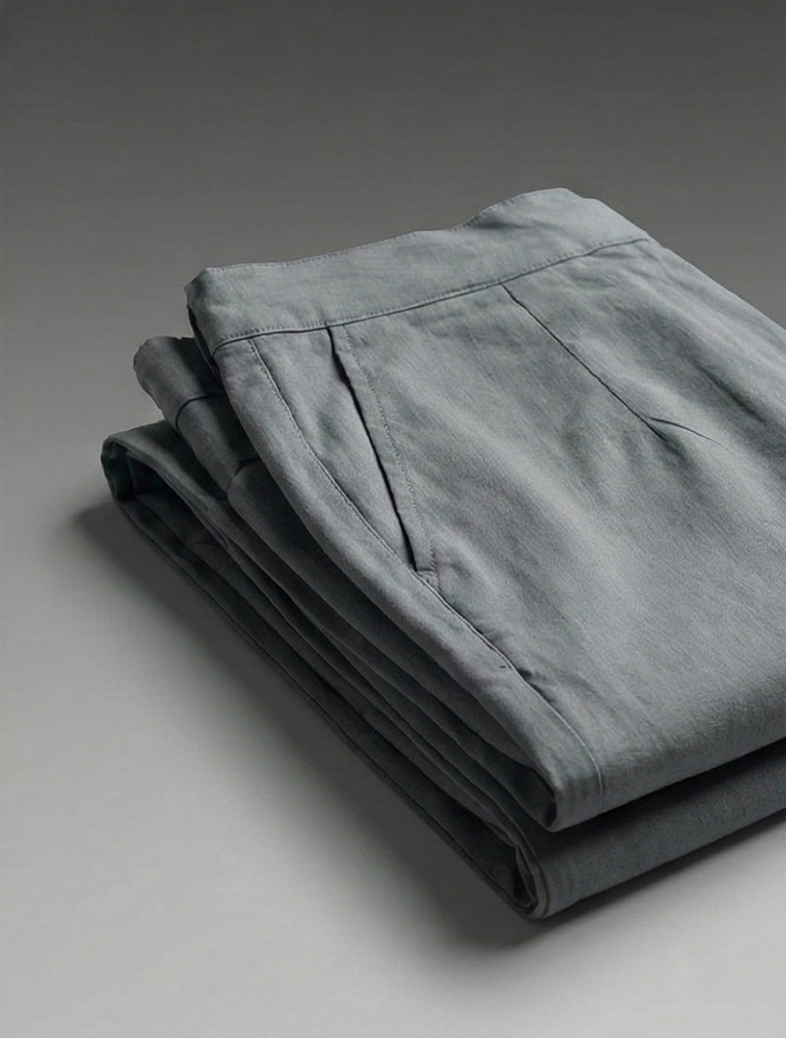 Sage Grey Straight-Leg Cotton Trousers