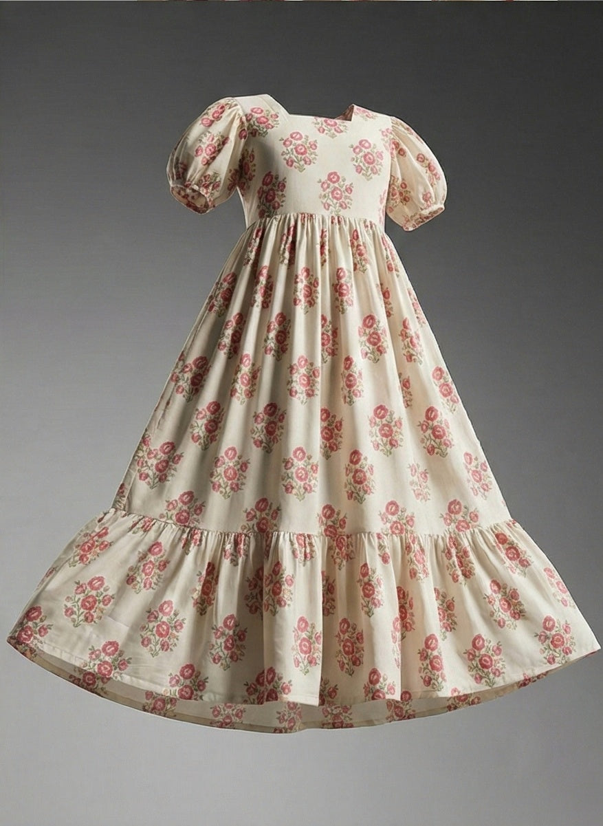 "PANKHUDI" | Vintage Floral Cotton Midi Dress with Puff Sleeves