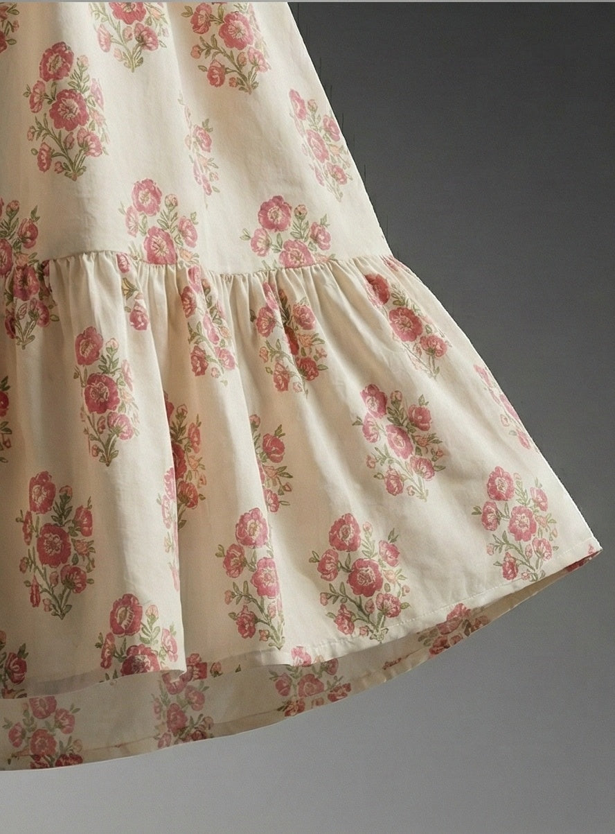 "PANKHUDI" | Vintage Floral Cotton Midi Dress with Puff Sleeves