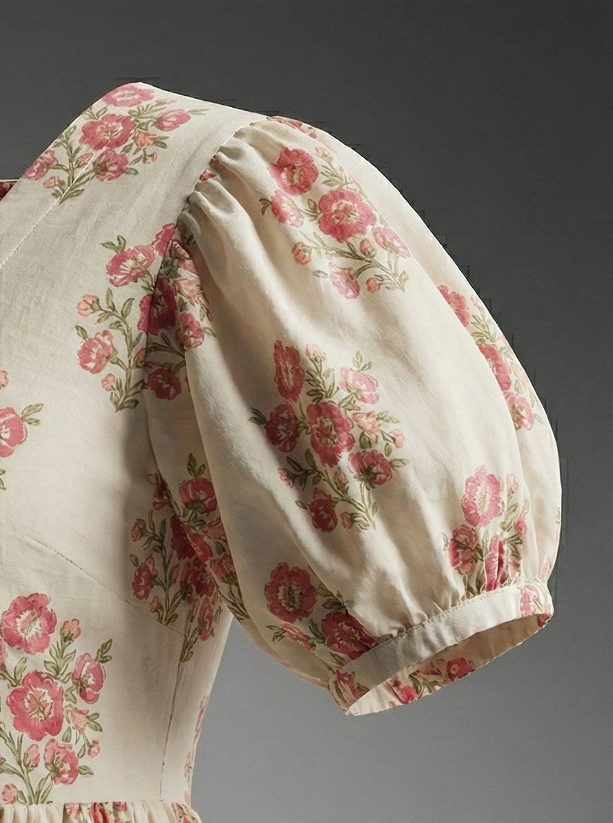 "PANKHUDI" | Vintage Floral Cotton Midi Dress with Puff Sleeves