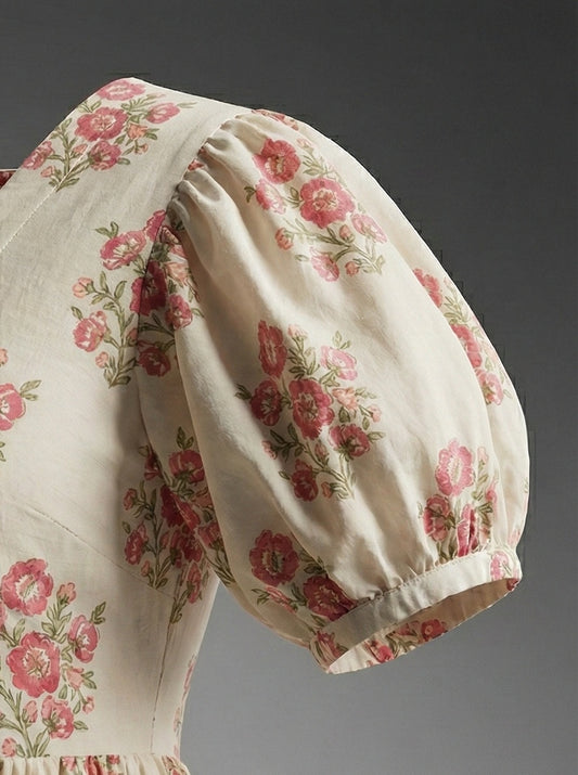 "PANKHUDI" | Vintage Floral Cotton Midi Dress with Puff Sleeves
