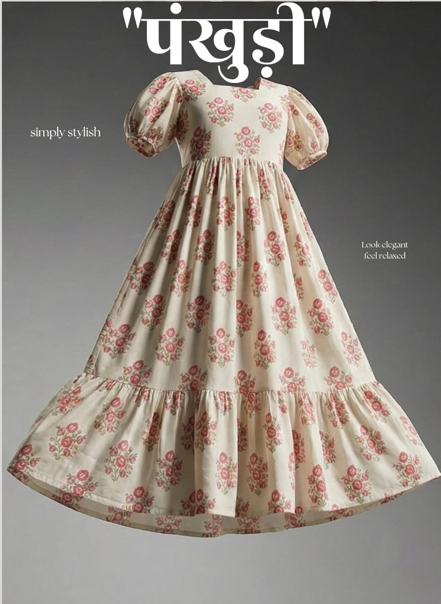 "PANKHUDI" | Vintage Floral Cotton Midi Dress with Puff Sleeves
