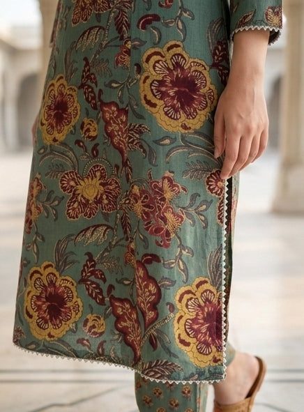 Floral Print Cotton Straight Kurta with Matching Trousers – Dusty Rose