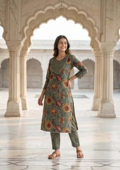 Floral Print Cotton Straight Kurta with Matching Trousers – Dusty Rose