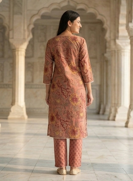 Floral Print Cotton Straight Kurta with Matching Trousers – Dusty Rose