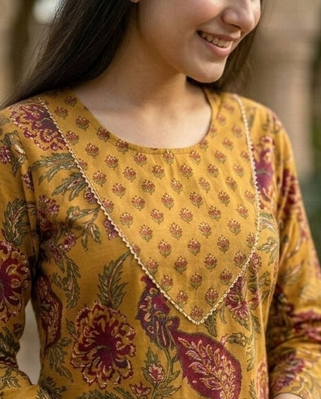 Floral Print Cotton Straight Kurta with Matching Trousers – Dusty Rose