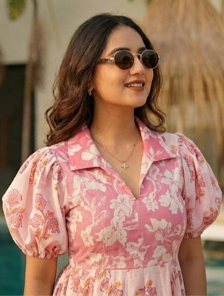 Pink Floral Pure Cotton Tiered Gown